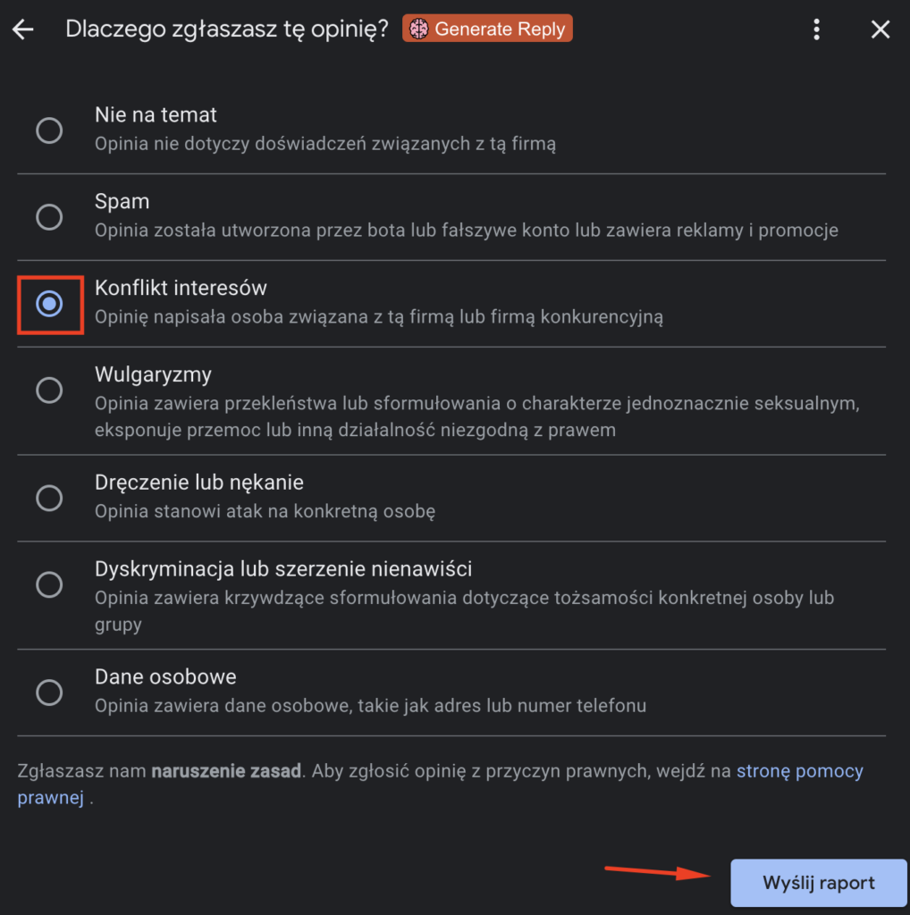Zgłaszanie opinii w Google Maps – wybrana opcja 'Konflikt interesów' oraz przycisk 'Wyślij raport'