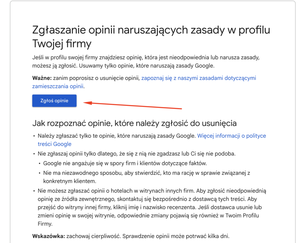 Strona zgłaszania opinii w Google Support naruszających zasady Google – wyróżniony przycisk 'Zgłoś opinię'.