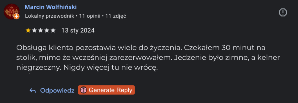 Przykład opinii wzięty z Google Maps